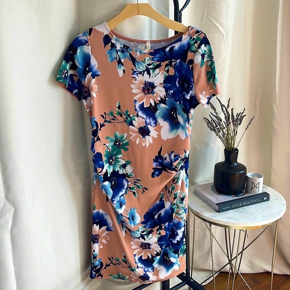 Mauve & Blue Rose Floral Fitted Maternity Dress by PinkBlush. - Picture 2 of 4